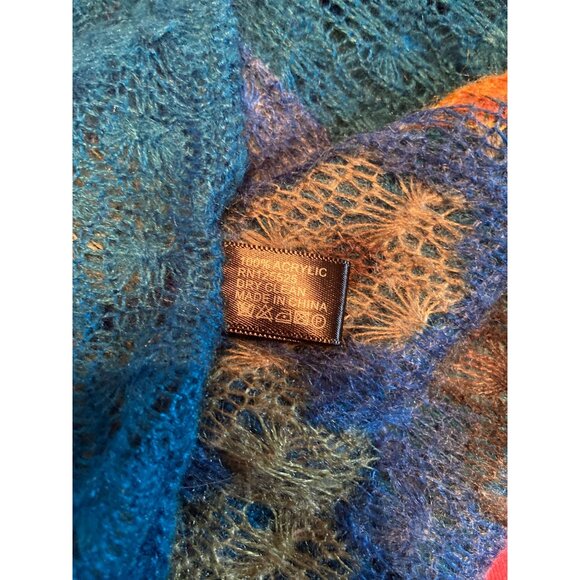 Womens Blue Floral Winter Scarf Pom-Pom Fringe 60 in Cottage Granny Core Boho - Picture 3 of 5